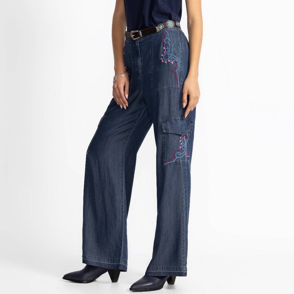 NWT Johnny Was Workshop Chambray Embroidered Cargo Pant Medium M